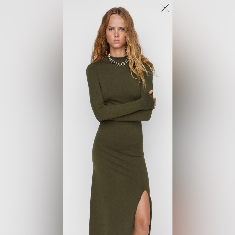 NWT - Mango Knitted Dress with Side Slit - Color Khaki (Green) Size 6